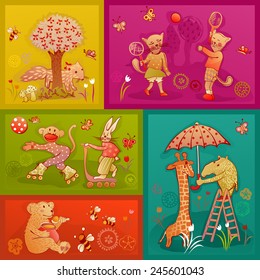 doodle young fox, cat, monkey, rabbit, bear, giraffe and rhinoceros playing and having fun