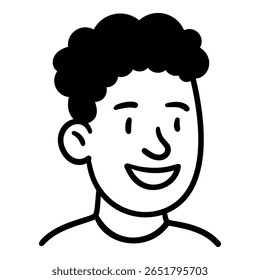 Doodle young man avatar with curly hair in hand drawn style. Black line vector illustration isolated on transparent background. 