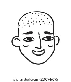 Doodle young man. Bald boy smiling, drawn character. Cute and adorable baby, sticker, avatar or icon. Graphic elements for website. Cartoon flat vector illustration isolated on white background