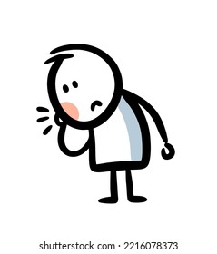 Doodle young man with tooth ache and sad face. Vector illustration of sick boy holding a cheek.