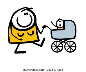 Doodle young mother is driving a stroller with a newborn baby. Vector illustration of parents and son or daughter. Funny character isolated on white background.