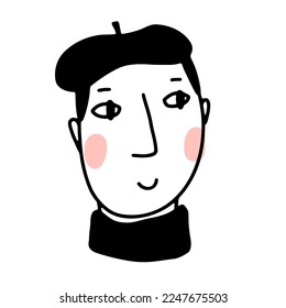 Doodle young pleased guys face. Cartoon young man in the beret. Hand-drawn outline human in turtleneck isolated on white background. Male cute portrait Avatar. Vector smiling character illustration