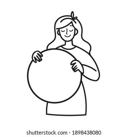 Doodle young woman holding a circle-shaped sign in hands. Hand-drawn vector line art isolated on white background. Illustration with message template for card, web banner, social media, or poster. 
