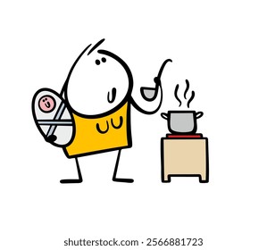 Doodle young woman holds a newborn in her arms and cooks lunch. Vector illustration of a housewife trying soup. Mother and baby. Isolated cartoon character on white background.