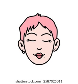 Doodle young woman with pink short hair. Vector hand drawn color illustration. International Womens Day