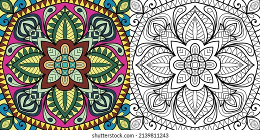 Doodle Zen tangle design mandala coloring book pages for adults vector illustration