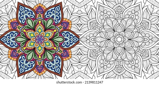 Doodle Zen tangle design mandala coloring book pages for adults vector illustration
