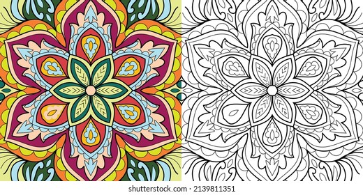 Doodle Zen tangle design mandala coloring book pages for adults vector illustration