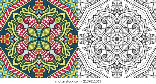 Doodle Zen tangle design mandala coloring book pages for adults vector illustration