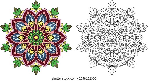 Doodle zen diseño de la maraña de color mandala redondeada páginas de libros para adultos ilustración vectorial