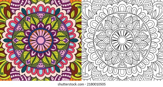 Doodle Zen tangle design rounded mandala coloring book pages for adults vector illustration