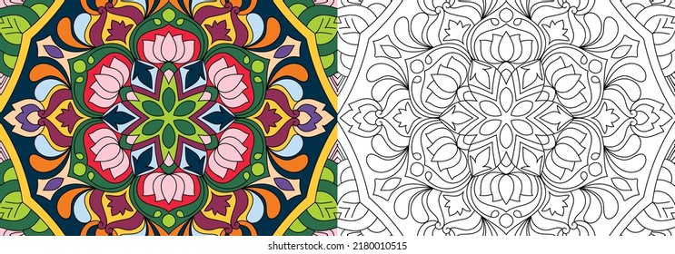 Doodle Zen tangle design rounded mandala coloring book pages for adults vector illustration