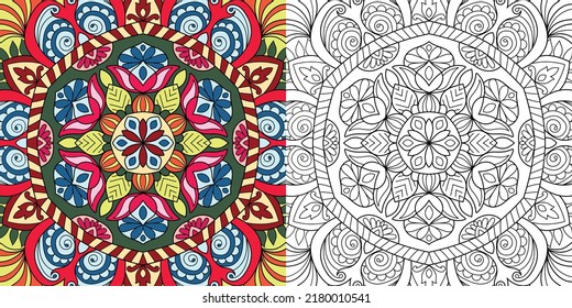 Doodle Zen tangle design rounded mandala coloring book pages for adults vector illustration