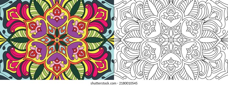 Doodle Zen tangle design rounded mandala coloring book pages for adults vector illustration