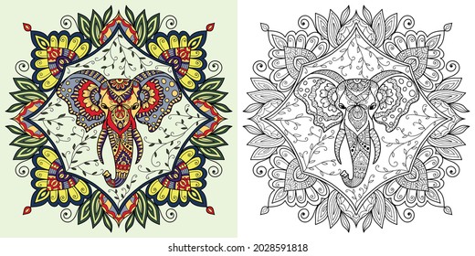 Doodle zen tangle elephant mandala design colouring book pages for adults vector illustration