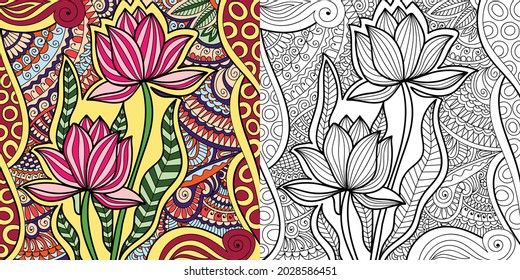 Doodle zen tangle floral design colouring book pages for adults vector illustration