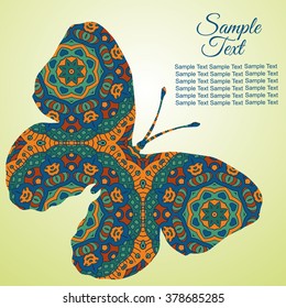 Doodle Zentangl drawing. Holiday card butterfly. Tenderness of spring. Blue and brown colors