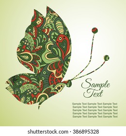Doodle Zentangl drawing. Holiday card. Butterfly. Tenderness of spring. Green tones