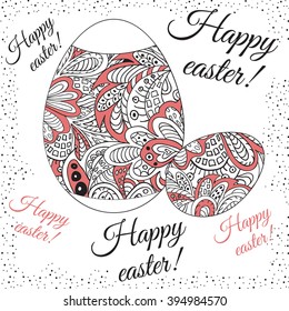 Doodle Zentangl drawing. Holiday card. White, rose and black. Happy easter