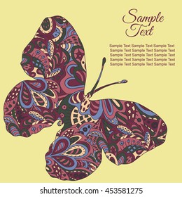 Doodle Zentangl drawing. Holiday card butterfly. Tenderness of spring. Green and rose