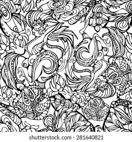 Doodle Zentangle Floral Retro Pattern, Repeating Seamless abstract background