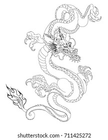 Doodle and zentangle style Japanese old dragon for tattoo. Traditional Asian tattoo the old dragon vector.