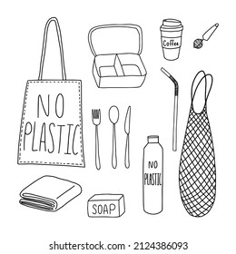 Doodle zéro déchet réutilisable ensemble. Aucune éco-chose en plastique n'a été dessinée à la main isolée.
