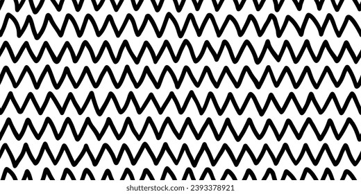 Doodle zig zag seamless pattern. Abstract black horizontal hand drawn zigzag lines seamless pattern. Geometric repeating stripes. Wavy fabric texture. Vector illustration on white background.