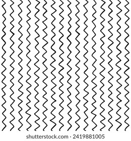 Doodle zig zag seamless pattern. Abstract black vertical hand drawn zigzag lines seamless pattern. Geometric repeating stripes. Wavy fabric texture. Vector illustration on white background.