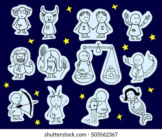 Doodle Zodiac stickers set. Vector hand drawn illustration.