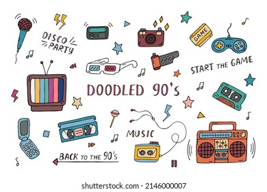 Doodled Vektor Set der 90er Jahre. Sammlung von Retro-Elektronik und Dingen aus den 90er Jahren. Hübsche Doodles. Trendfarbene Vintage-Designelemente auf weißem Hintergrund. Handgezeichnete Illustration. 