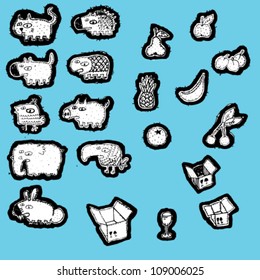 Doodled Animals and Fruits Collection