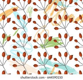 Doodled berries and scribbles.Abstract seamless pattern. Universal bright background for greeting cards, invitations. Had drawn ink and marker watercolor texture.