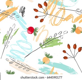 Doodled berries and scribbles.Abstract seamless pattern. Universal bright background for greeting cards, invitations. Had drawn ink and marker watercolor texture.