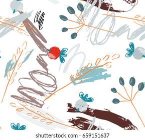 Doodled berries and scribbles.Abstract seamless pattern. Universal bright background for greeting cards, invitations. Had drawn ink and marker watercolor texture.