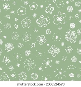 Doodled botanical and geometrical scribble elements seamless repeat pattern. Random placed, vector abstract shapes all over surface print on sage green background.