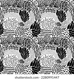 Doodled botanical plants seamless repeat pattern. Random placed, various  black vector flowers, leaves, herbs, berries and branches illustration all over surface print on white background.
