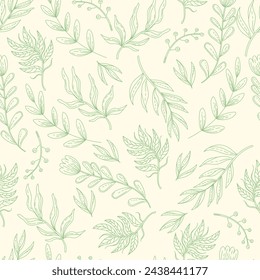 Doodled botany plants seamless pattern. Different vector flowers, leaves, herbs and branches illustration sage green color on background. For textile, phone case, wrapping paper, cards, banner