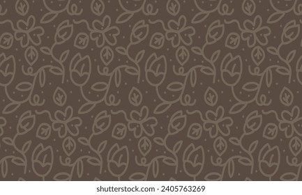 Doodled botany plants seamless repeat pattern. Random placed, various vector flowers, leaves, herbs and branches illustration all over surface print on dark background.