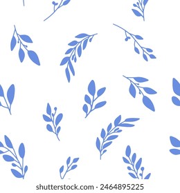 Doodled botany plants seamless repeat pattern. Random vector herbs and branches background