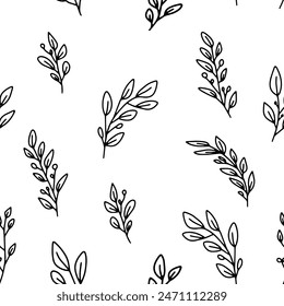 Doodled botany plants seamless repeat pattern. Random placed, various vector flowers, leaves, herbs, berries and branches illustration all over surface print on sage green background.