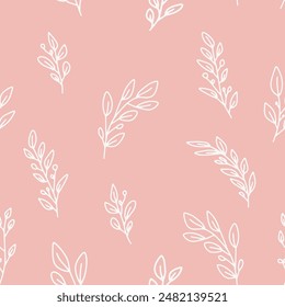 Doodled botany plants seamless repeat pattern. Random vector herbs and branches background