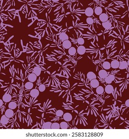 Doodled botany plants seamless repeat pattern. Random placed, various vector flowers, berries illustration all over surface print. Vector illustration