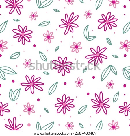 Doodled botany plants seamless repeat pattern. Random placed, various vector flowers, leaves, herbs, berries and branches illustration all over surface print on white background.
