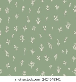 Doodled botany seamless repeat pattern. Hand drawn, vector flowers, leaves, herbs, plants aop all over print on sage green pattern.