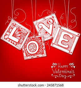Doodled cards with letters. Hand - drawn cards with various floral and geometrical patterns with letters forming word Love on red background. Valentine day design.