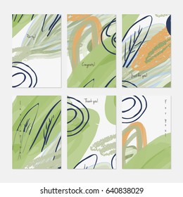 Doodled circles and leaves  on marker brush.Hand drawn creative invitation or greeting cards template. Anniversary, Birthday, wedding, party, social media banners set of 6. Isolated on layer.