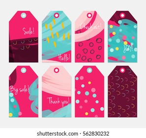 Doodled circles marker brush scribbles and marks pink blue tag set.Creative universal gift tags.Hand drawn textures.Ethic tribal design.Ready to print sale labels Isolated on layer.