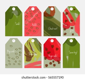 Doodled circles marker brush scribbles and marks green red tag set. Creative universal gift tags. Hand drawn textures. Ethic tribal design. Ready to print sale labels Isolated on layer.