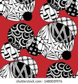 Doodled Circles. Seamless Background with Ornate Elements for Underwear Wallpaper Tablecloth. Black and White Vector Rapport in Modern Colors. Colorful Christmas Decoration. Seamless Doodled Circles.